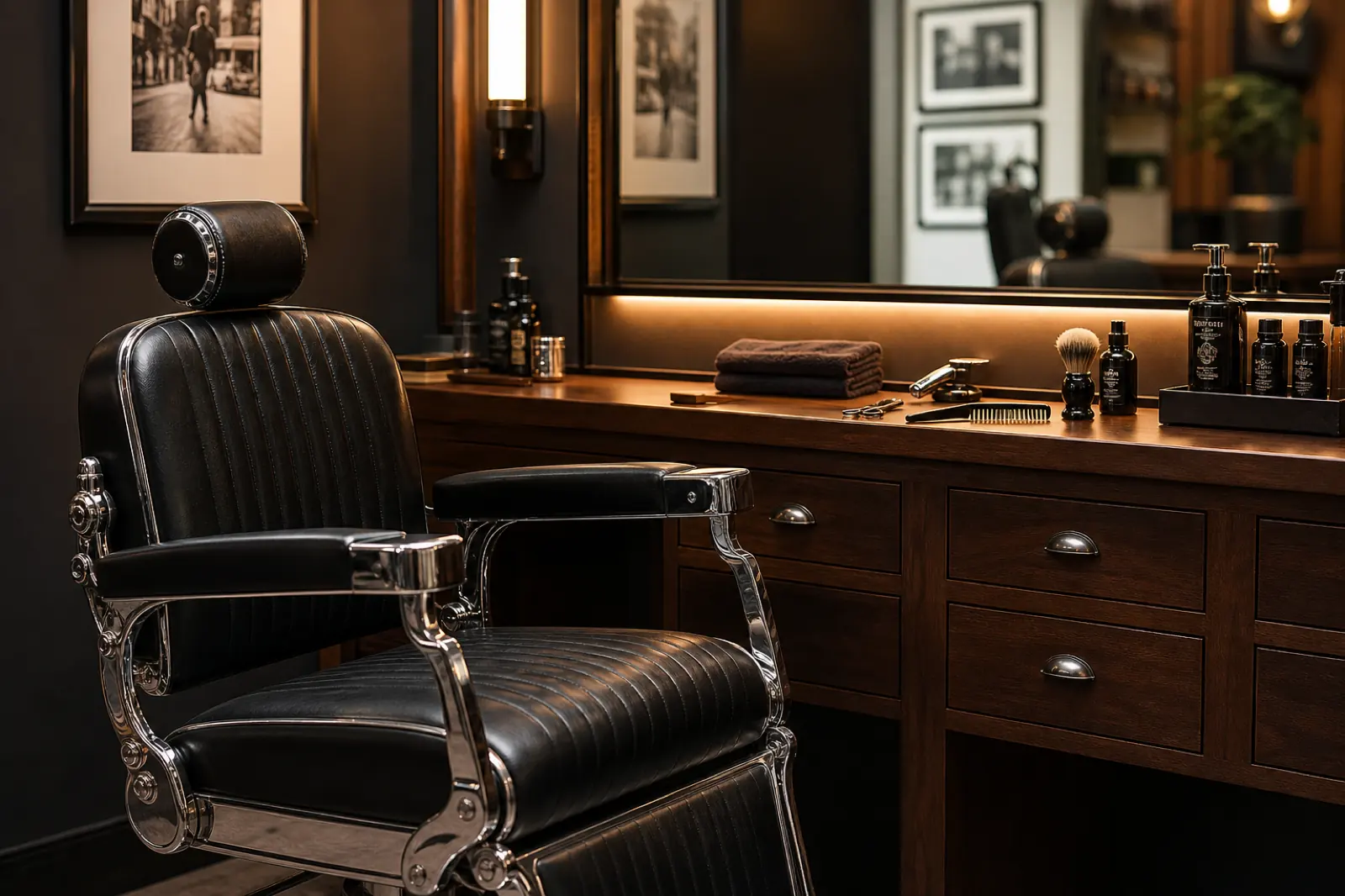 Cadeira e bancada de uma barbearia